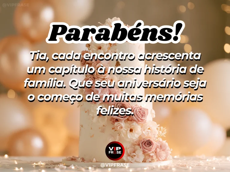 Mensagem de aniversário para tia sobre familia, com family photo albums turned away beside floral cake in warm glowing garden.