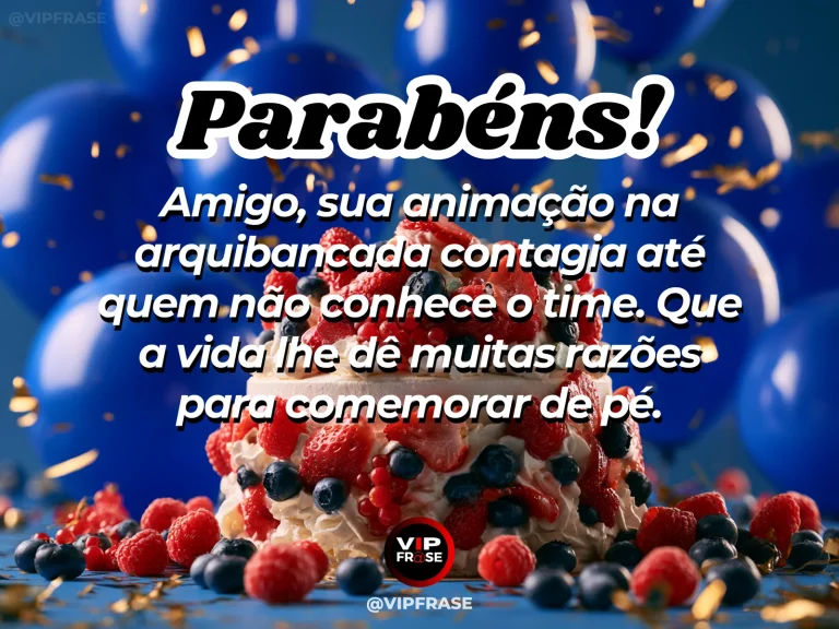 Mensagem de aniversário para amigo sobre amizade, em cenário festivo com bolo e balões.