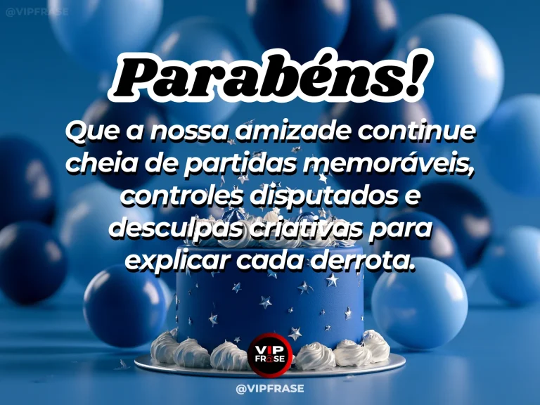 Mensagem de aniversário para amigo sobre amizade, em cenário festivo com bolo e balões.