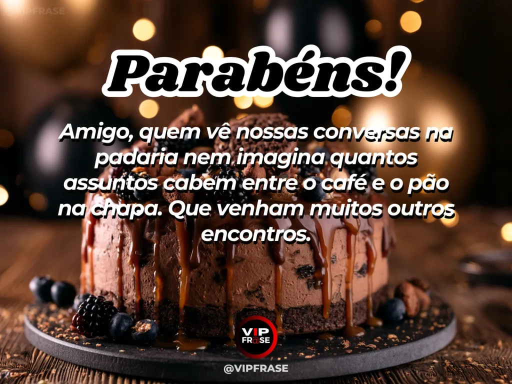 Mensagem de aniversário para amigo sobre amizade, em cenário festivo com bolo e balões.