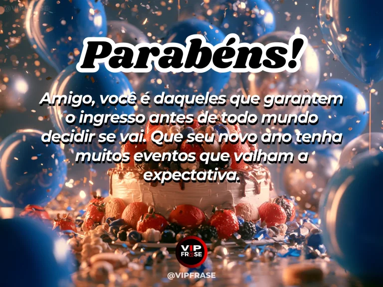 Mensagem de aniversário para amigo sobre felicidade, em cenário festivo com bolo e balões.