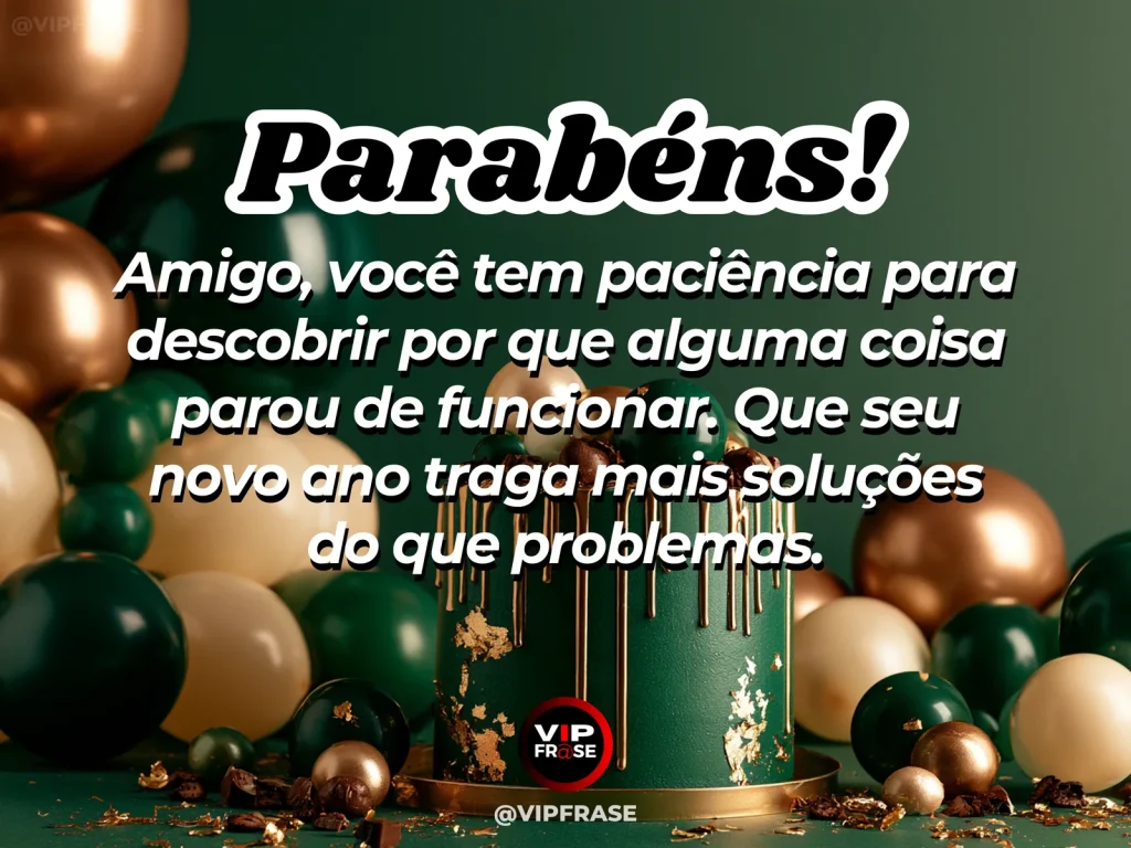 Mensagem de aniversário para amigo sobre sabedoria, em cenário festivo com bolo e balões.
