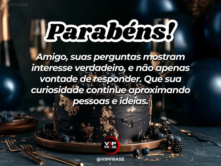 Mensagem de aniversário para amigo sobre sabedoria, em cenário festivo com bolo e balões.