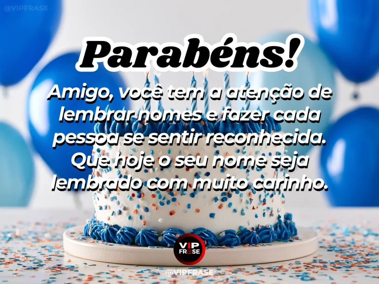 Mensagem de aniversário para amigo sobre carinho, em cenário festivo com bolo e balões.