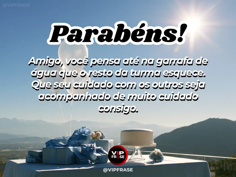 Mensagem de aniversário para amigo sobre carinho, em cenário festivo com bolo e balões.