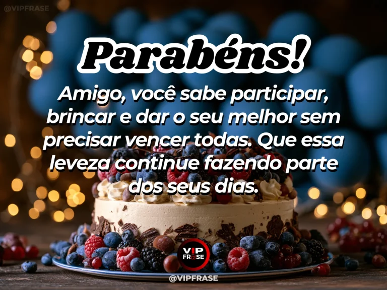 Mensagem de aniversário para amigo sobre sabedoria, em cenário festivo com bolo e balões.