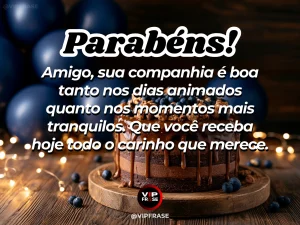 Arte de aniversário para amigo sobre carinho, com cenário comemorativo acolhedor e elementos visuais relacionados à amizade.