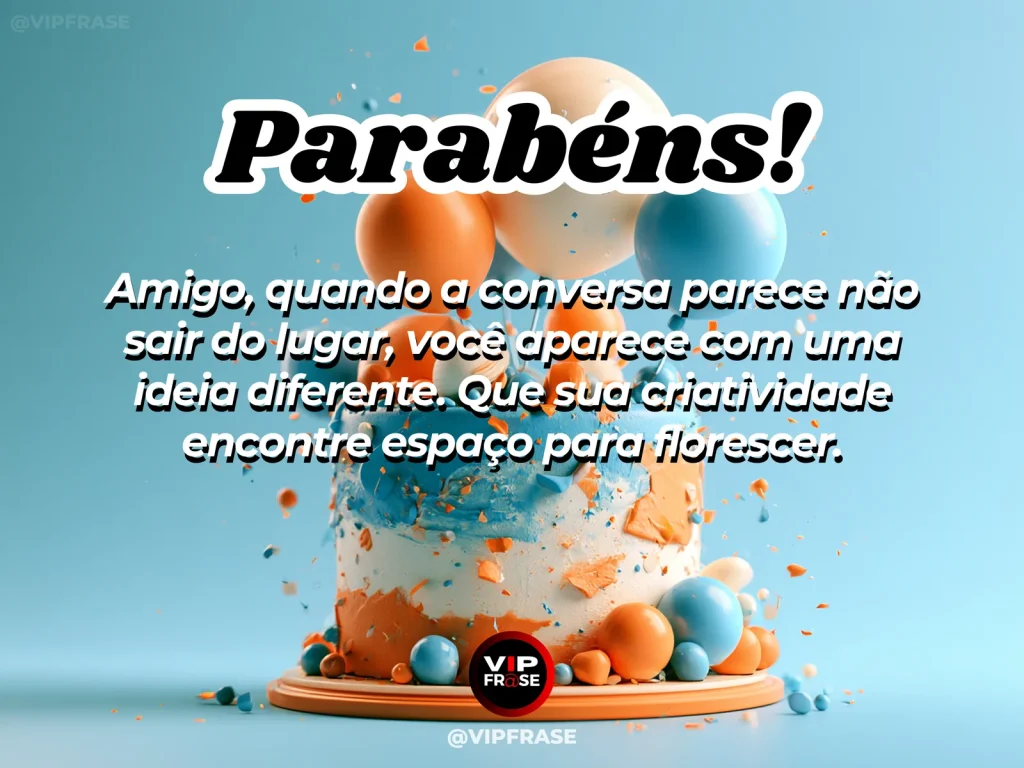 Mensagem de aniversário para amigo sobre sabedoria, em cenário festivo com bolo e balões.