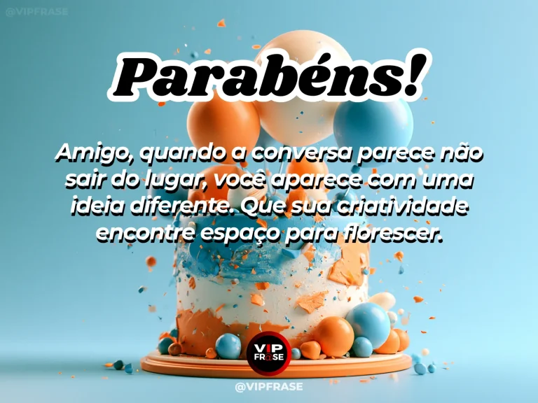 Mensagem de aniversário para amigo sobre sabedoria, em cenário festivo com bolo e balões.