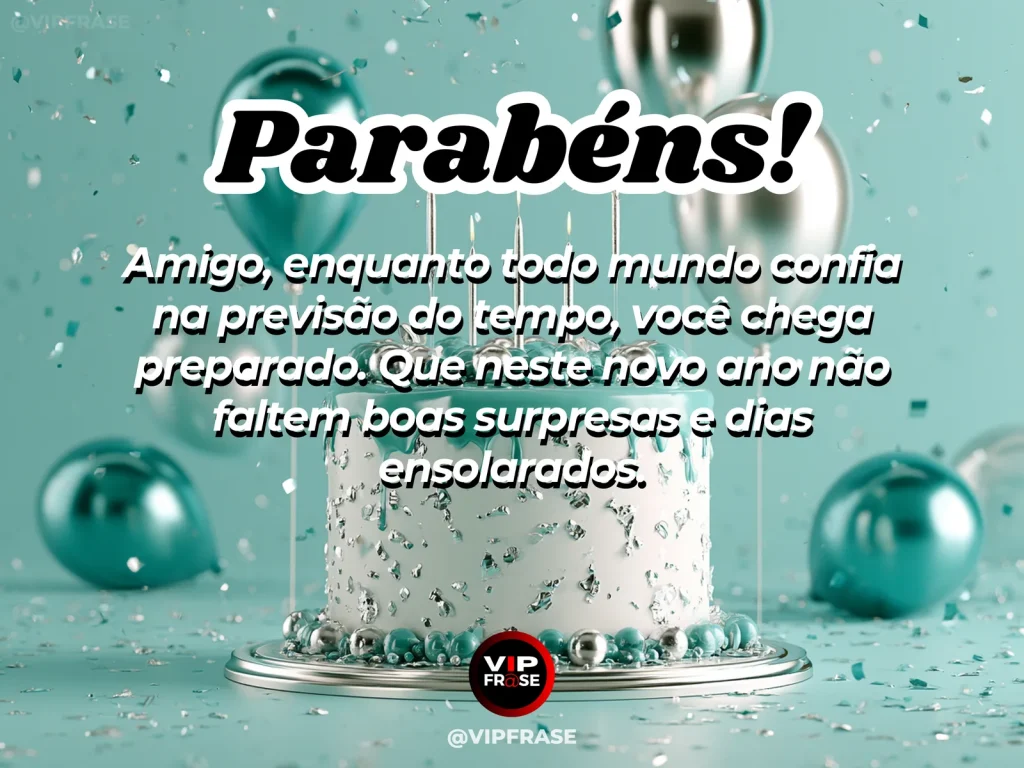 Mensagem de aniversário para amigo sobre carinho, em cenário festivo com bolo e balões.