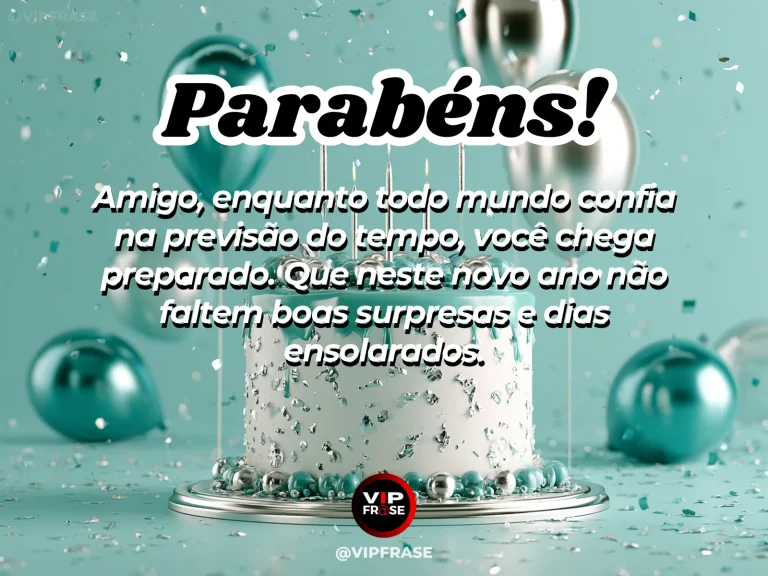 Mensagem de aniversário para amigo sobre carinho, em cenário festivo com bolo e balões.