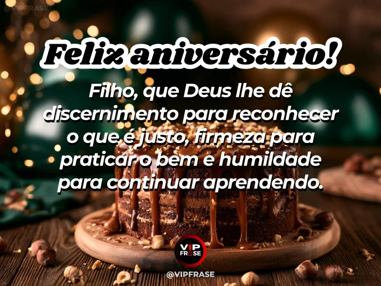Mensagem de aniversário para filho sobre sabedoria espiritual, em arte com bolo e decoração de festa