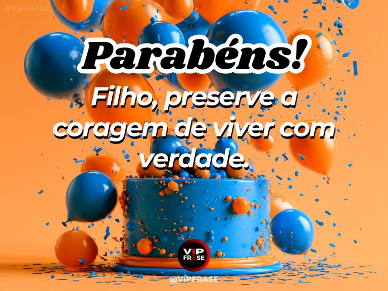 Mensagem de aniversário para filho sobre courage e authenticity, em cenário com bolo de aniversário e balões.