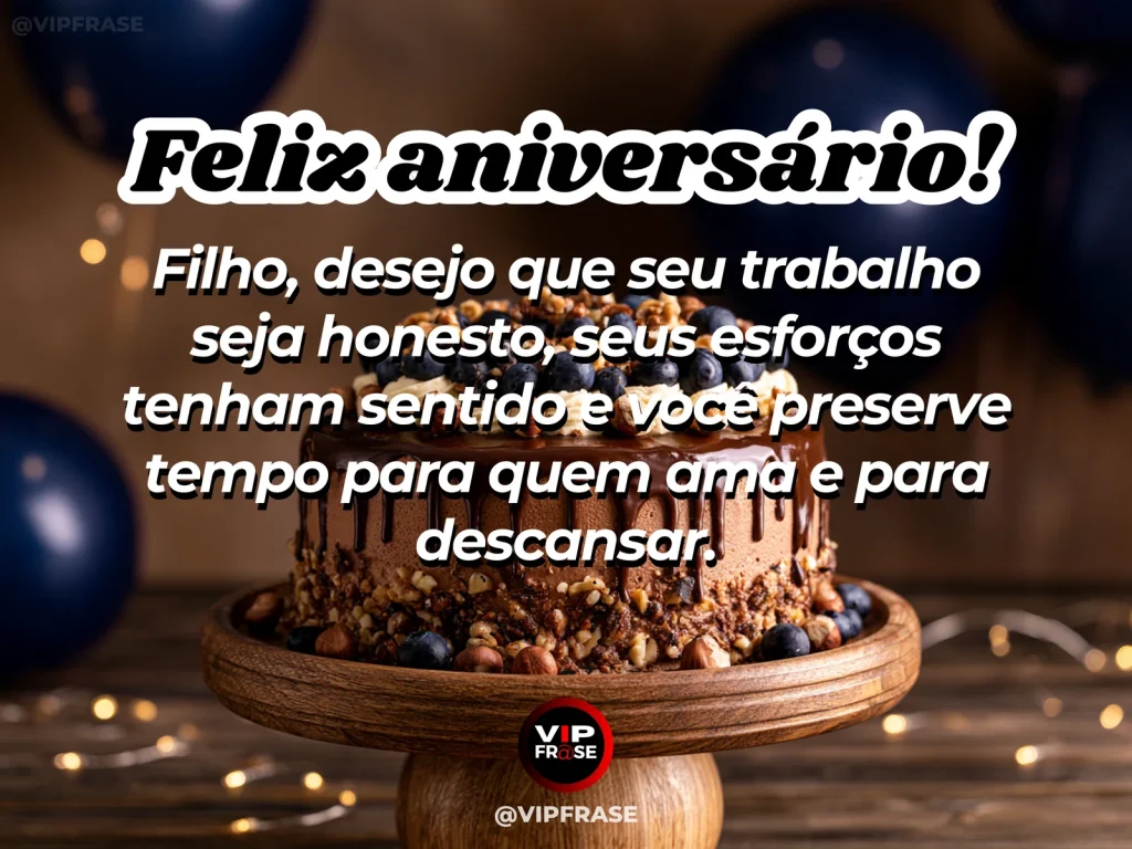 Mensagem de aniversário para filho sobre equilíbrio e descanso, em arte com bolo e decoração de festa