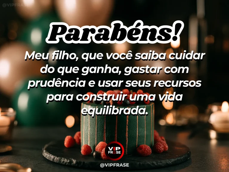 Mensagem de aniversário para filho sobre financial prudence e maturity, em cenário com bolo de aniversário e balões.