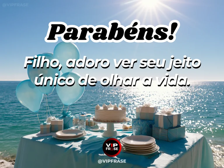 Mensagem de aniversário para filho sobre individuality e bright future, em cenário com bolo de aniversário e balões.