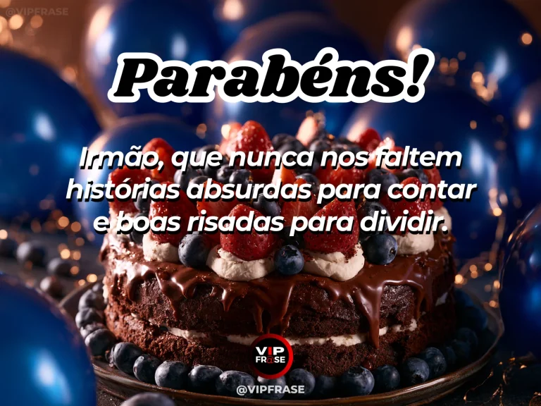 Mensagem de aniversário para irmão sobre alegria, com chapéus de festa e fatias de bolo.
