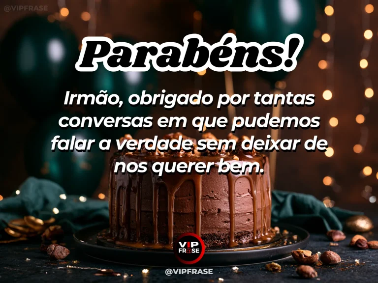 Mensagem de aniversário para irmão sobre gratidão, com duas xícaras ao lado do bolo.