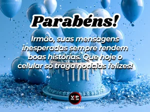 Mensagem de aniversário para irmão sobre felicidade, com cenário festivo em azul e dourado.