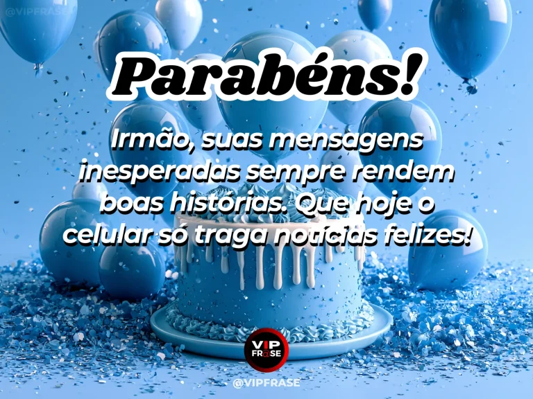 Mensagem de aniversário para irmão sobre felicidade, com cenário festivo em azul e dourado.