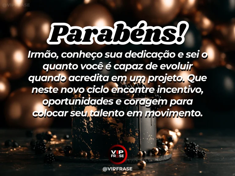 Mensagem de aniversário para irmão sobre confiança, com bolo, caderno e estrelas douradas.