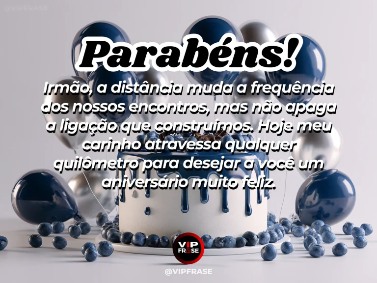 Mensagem de aniversário para irmão sobre saudade, com bolo e cartão-postal à janela.