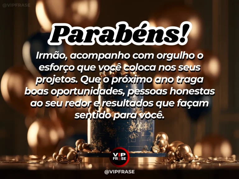 Mensagem de aniversário para irmão sobre conquistas, com blocos de madeira e bolo de aniversário.