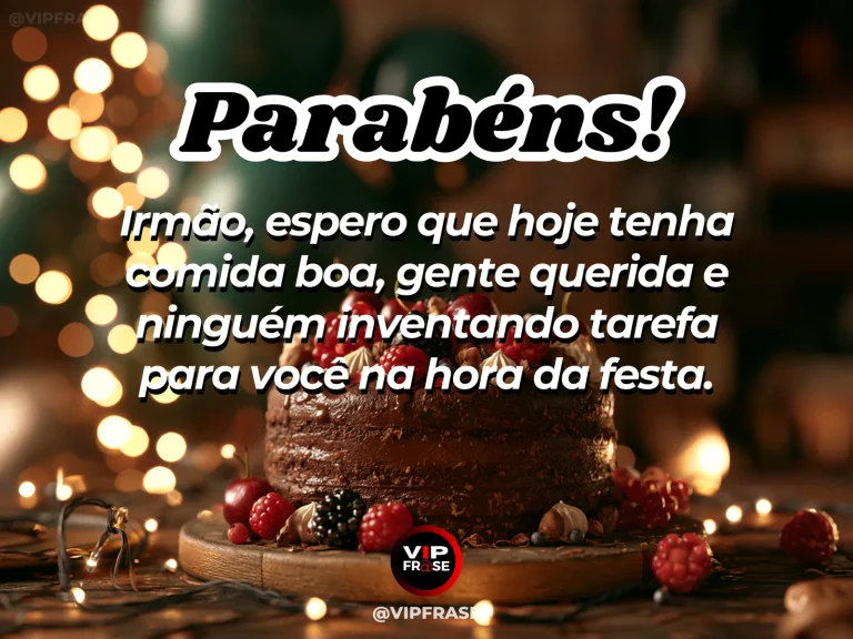 Mensagem de aniversário para irmão sobre felicidade, com cenário festivo em azul e dourado.