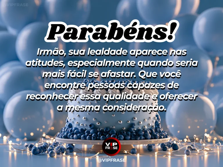 Mensagem de aniversário para irmão sobre confiança, com fitas entrelaçadas e bolo com flores azuis.