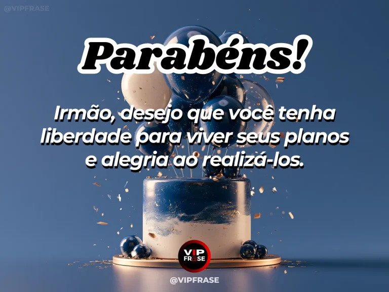 Mensagem de aniversário para irmão sobre conquistas, com bolo diante de uma paisagem montanhosa.