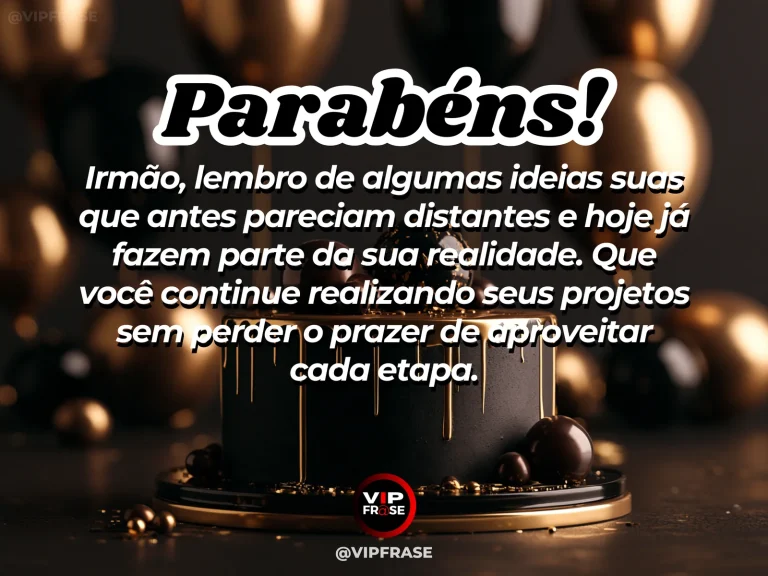 Mensagem de aniversário para irmão sobre conquistas, com bolo, caderno e estrelas douradas.