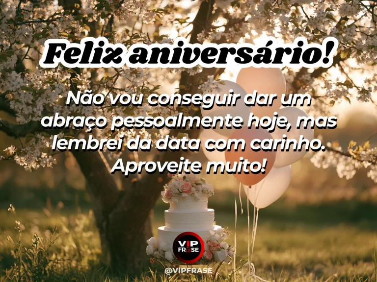 Mensagem de aniversário para WhatsApp sobre carinho à distância, com birthday cake on sunny balcony overlooking far horizon.