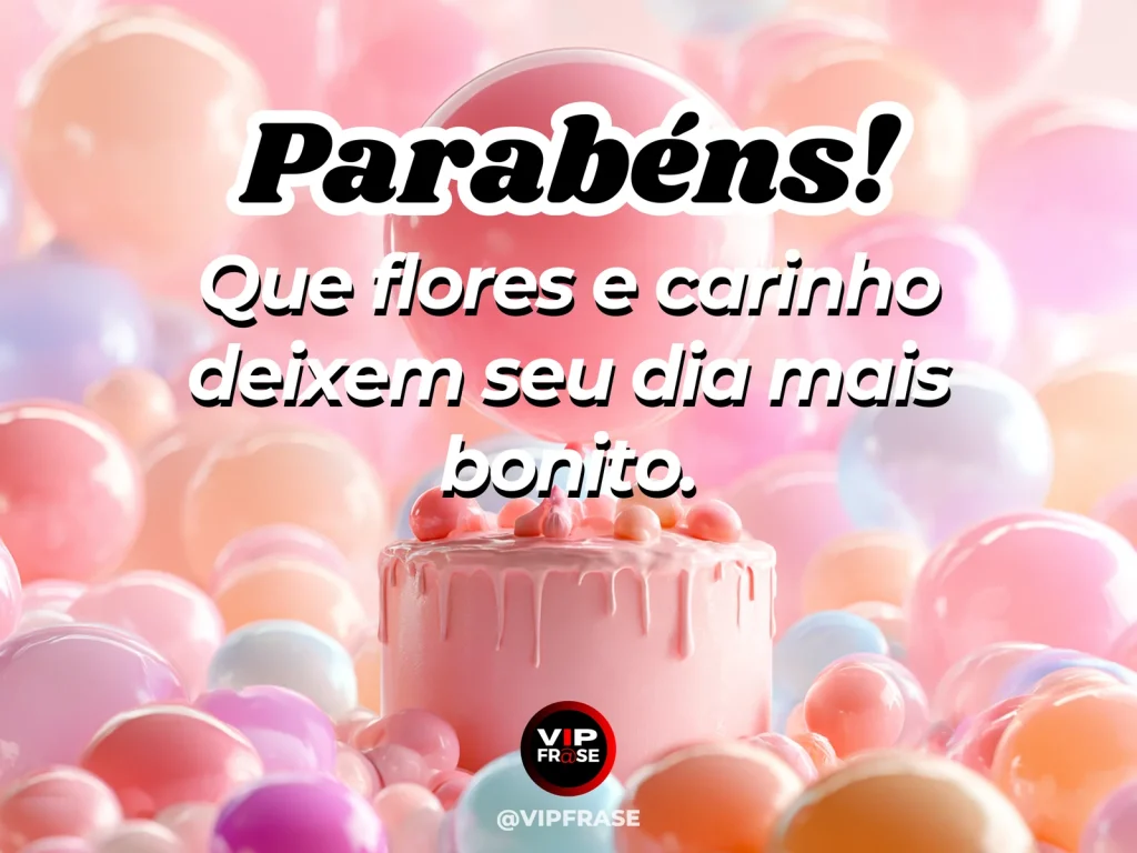 Mensagem de aniversário para WhatsApp sobre carinho, com fresh peonies and daisies framing an elegant small birthday cake.