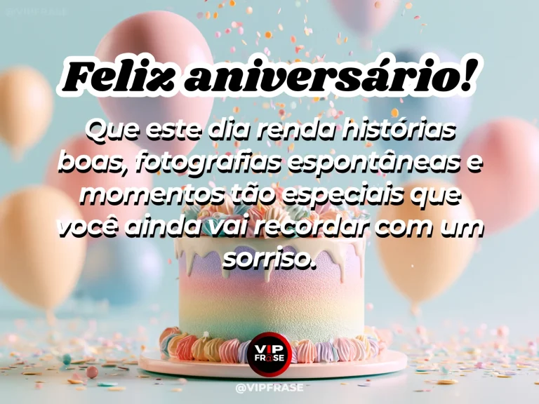 Mensagem de aniversário sobre alegria, com fotografias e bolo.