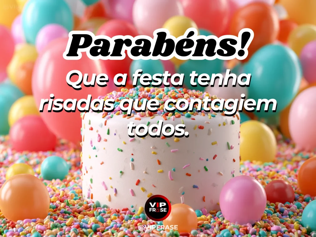 Mensagem de aniversário para WhatsApp sobre alegria, com bright vibrant festive cake table.