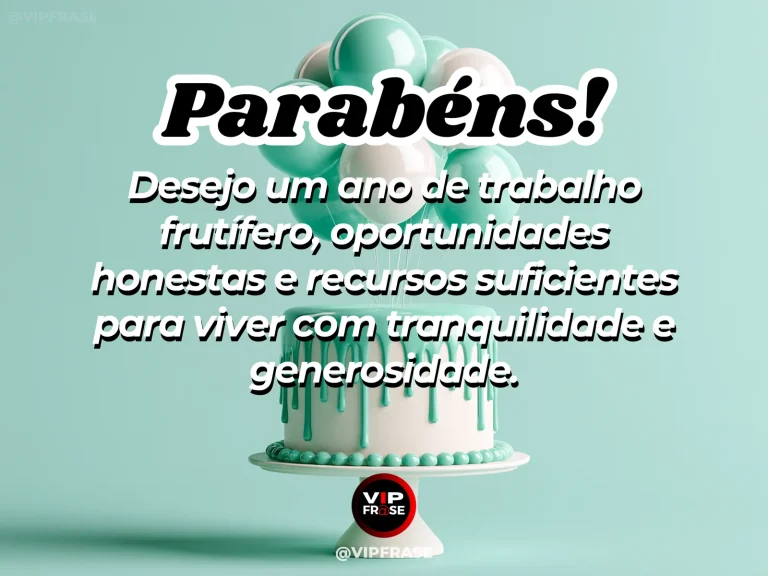 Mensagem de aniversário sobre prosperidade, com mesa de trabalho.