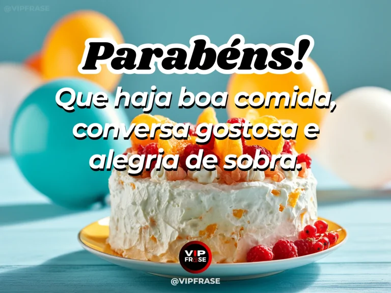 Mensagem de aniversário sobre alegria, com mesa de aniversário.
