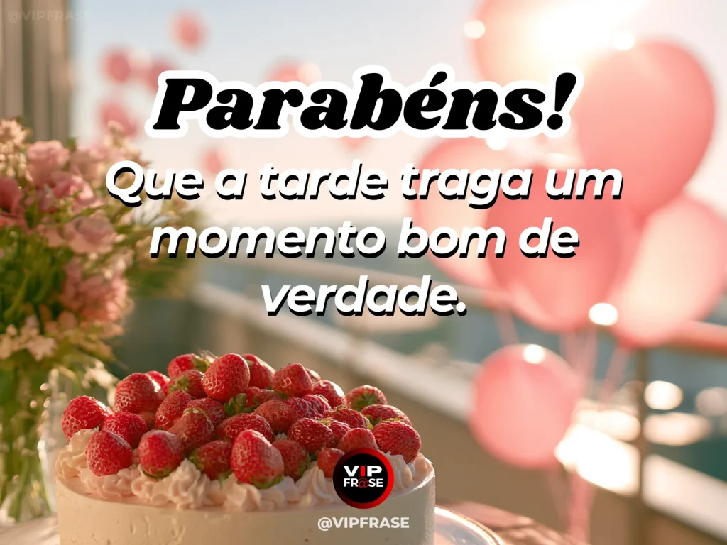 Mensagem de aniversário para WhatsApp sobre alegria, com small birthday cake on outdoor afternoon tea table in warm sunshine.