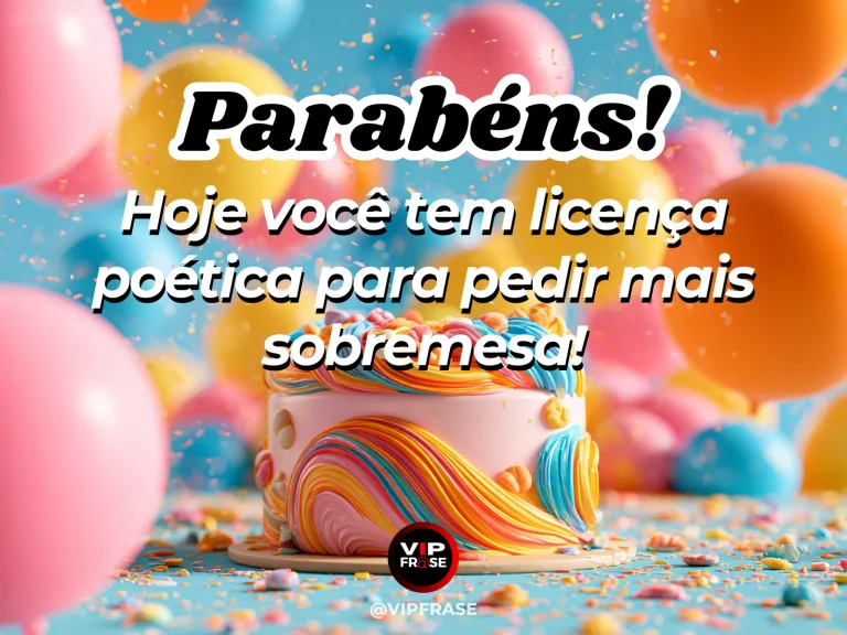 Mensagem engraçada de aniversário com bolo de confeitos coloridos, balões vibrantes e confetes sobre fundo azul.