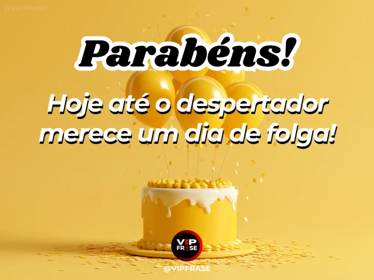 Mensagem de parabéns com bolo amarelo, balões dourados e confetes em cenário de tons amarelos.