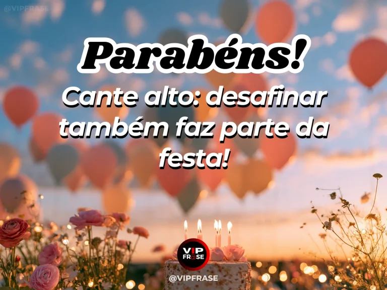 Arte de aniversário bem-humorada mostrando bolo com velas e flores sob balões ao entardecer e mensagem sobre cantar parabéns com alegria, mesmo desafinando.