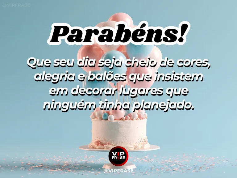 Mensagem de parabéns com bolo branco, balões rosa e azul e confetes em um fundo azul-claro.