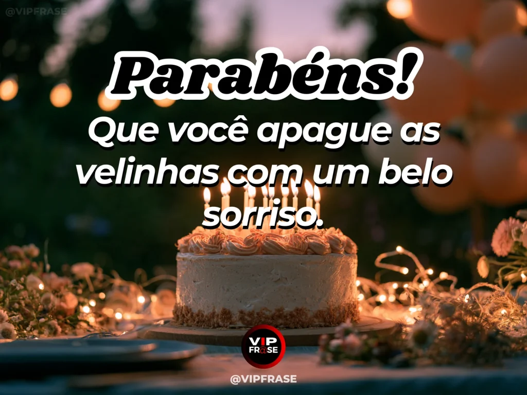 Mensagem de aniversário para WhatsApp sobre alegria, com sunlit birthday cake with glowing candles and festive floral arrangement.