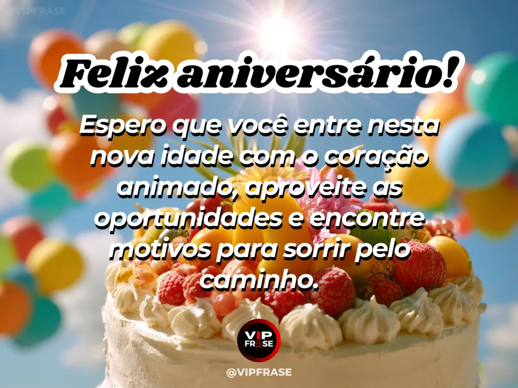 Mensagem de aniversário para WhatsApp sobre otimismo, com cheerful birthday setup at golden sunrise with colorful flowers and balloons.