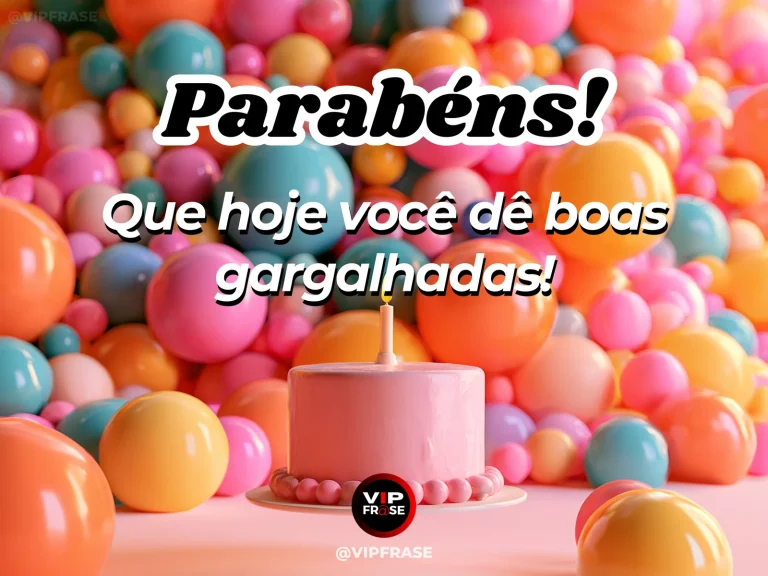 Mensagem de aniversário para WhatsApp sobre alegria, com playful multicolored balloons and whimsical bright birthday cake.