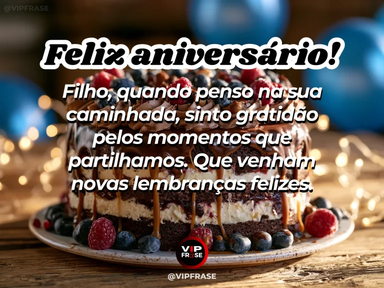 Mensagem de aniversário para filho sobre memórias compartilhadas, em arte com bolo e decoração de festa