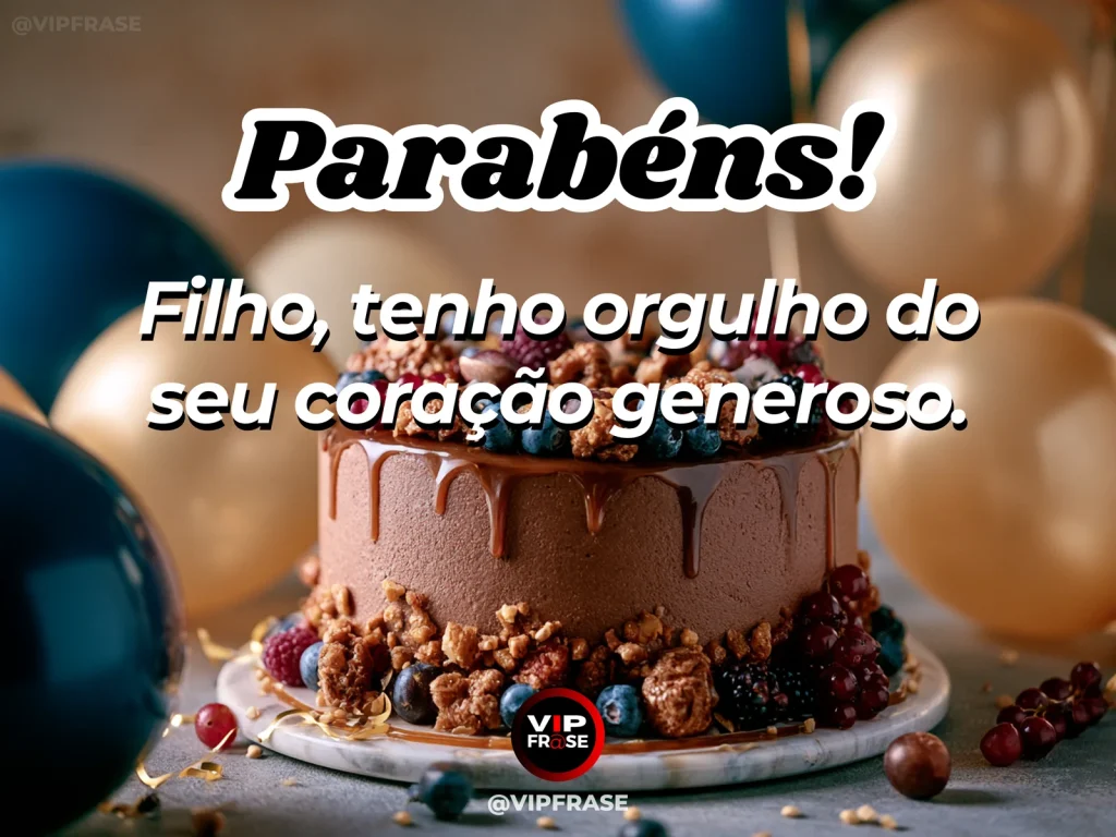 Mensagem de aniversário para filho sobre ternura e generosidade, em arte com bolo e decoração de festa