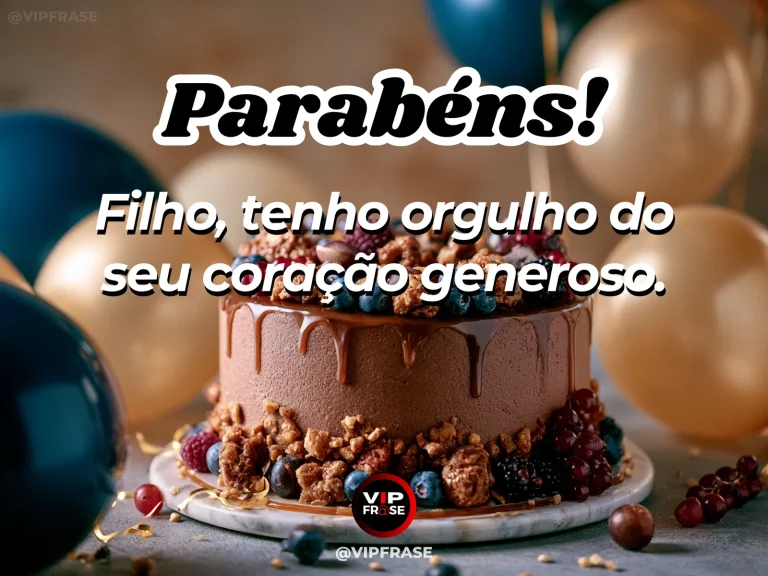 Mensagem de aniversário para filho sobre ternura e generosidade, em arte com bolo e decoração de festa