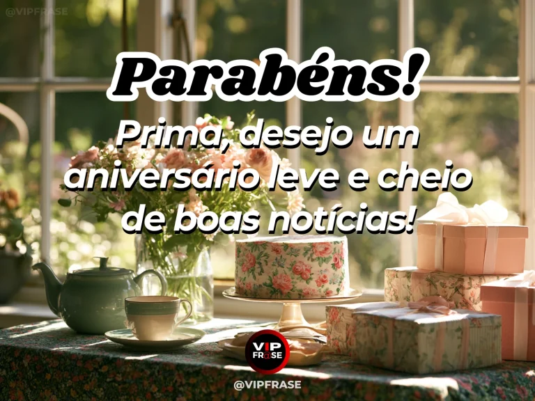 Mensagem de aniversário para prima sobre felicidade, em janela ensolarada com presente.