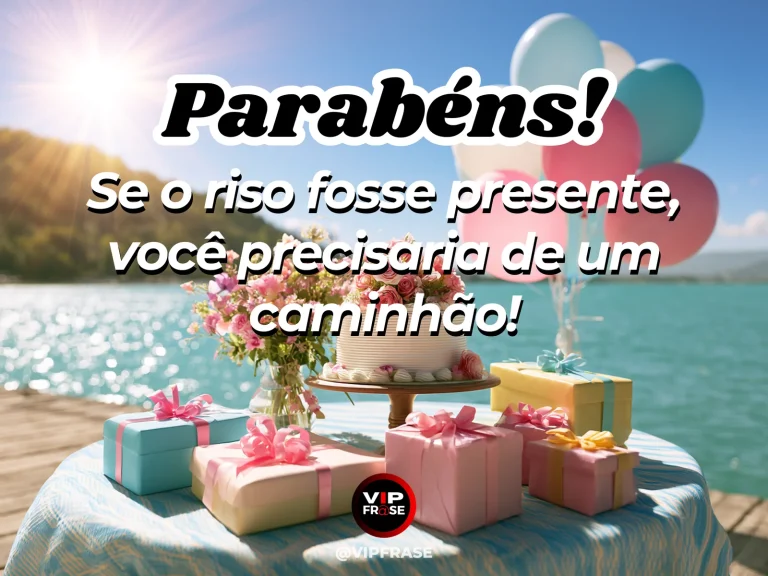 Mensagem engraçada de aniversário com presentes coloridos, flores, bolo e balões numa mesa ao lado da água.